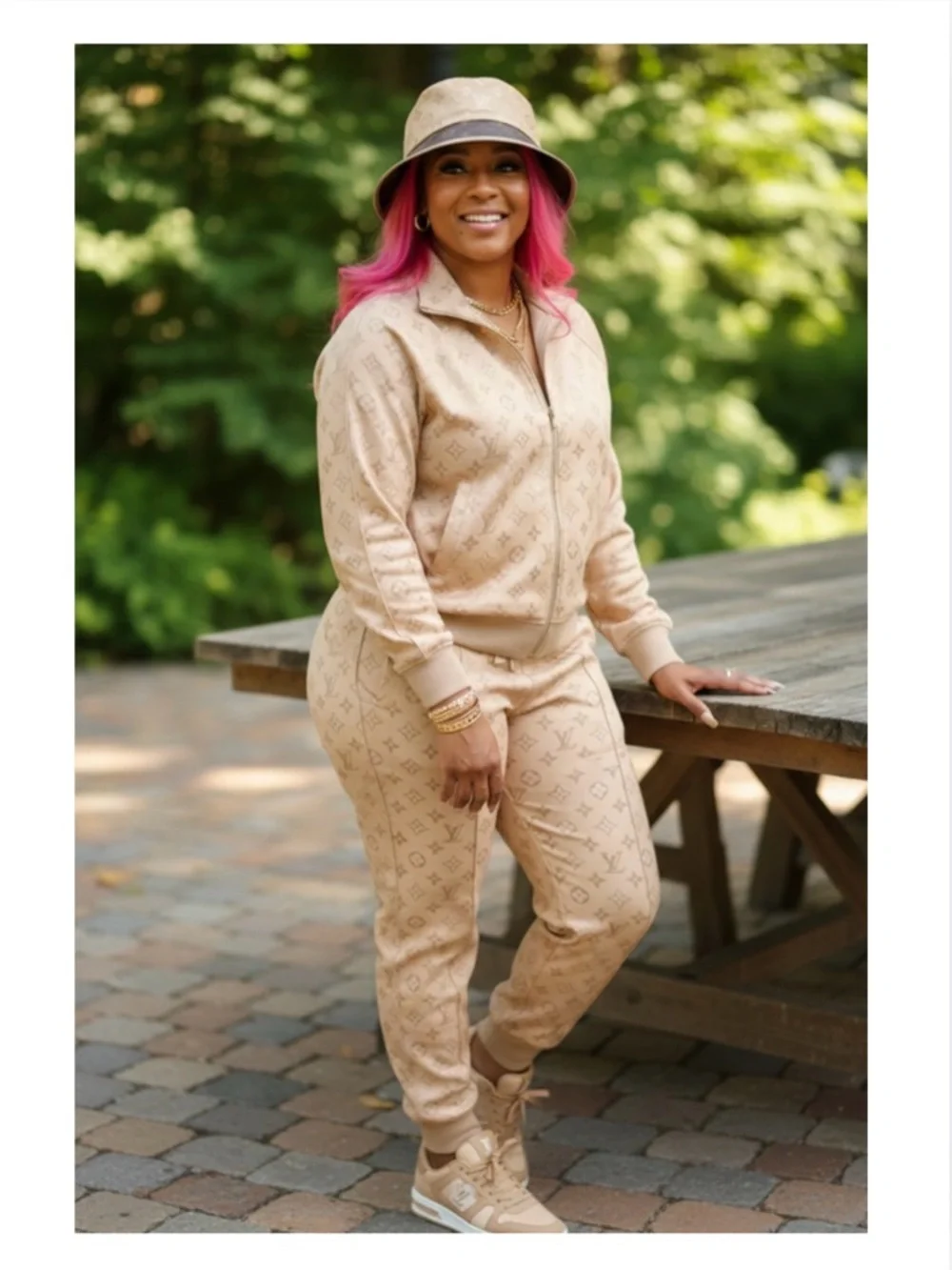 HAT: Brown & Beige Polyester Monogram & PU Leather Bucket, NWT
